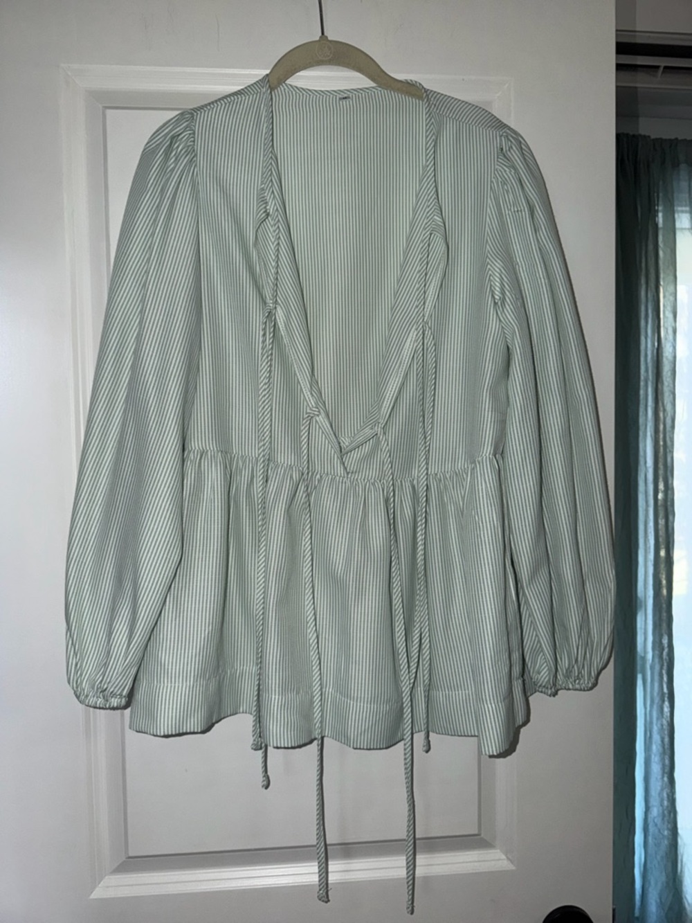 Brand New Light Green Striped V-Neck Peplum Blouse with Front Ties